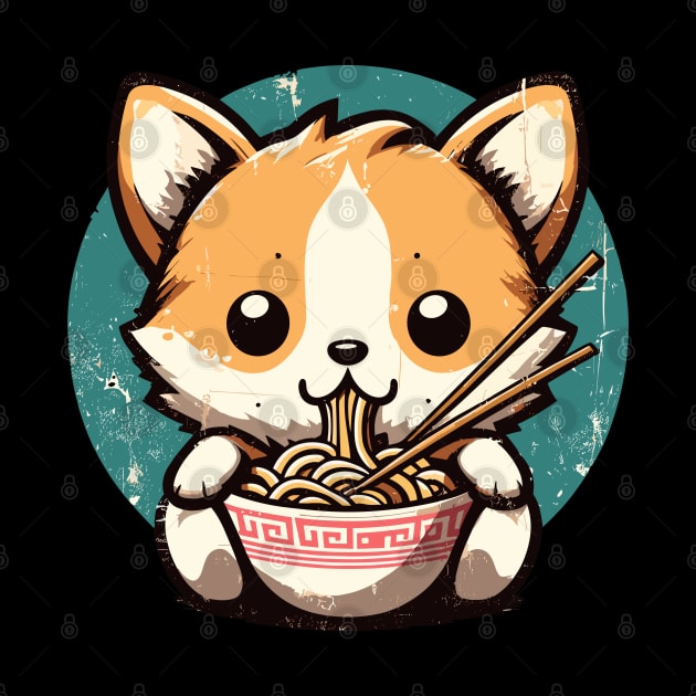 Kawaii vintage corgi eat ramen by TomFrontierArt