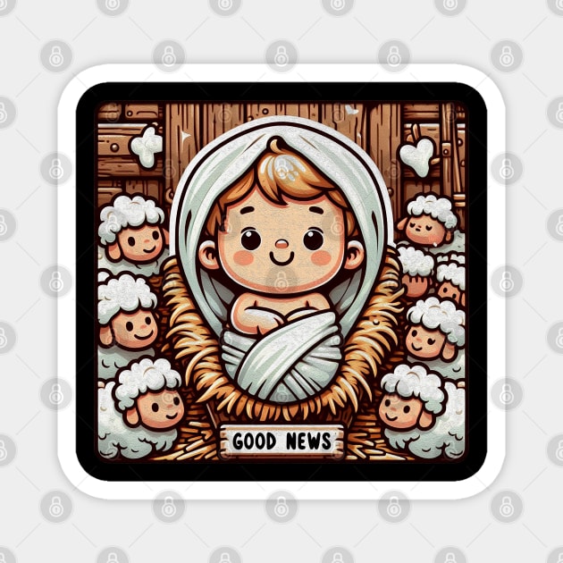 Newborn King Jesus in the Manger Good News Baby Sheep Magnet by Plushism