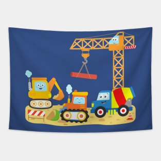 Construction Vehicles Toddler Crane Digger Cement Truck Bulldozer Tapestry