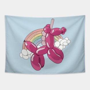 A light and dark pink unicorn balloon with a ballon rainbow and balloon clouds behind it. Tapestry