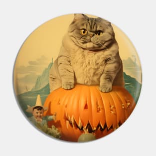 Weird Vintage Fat Cat and Pumpkin Halloween Collage - Whimsical Retro Charm Pin