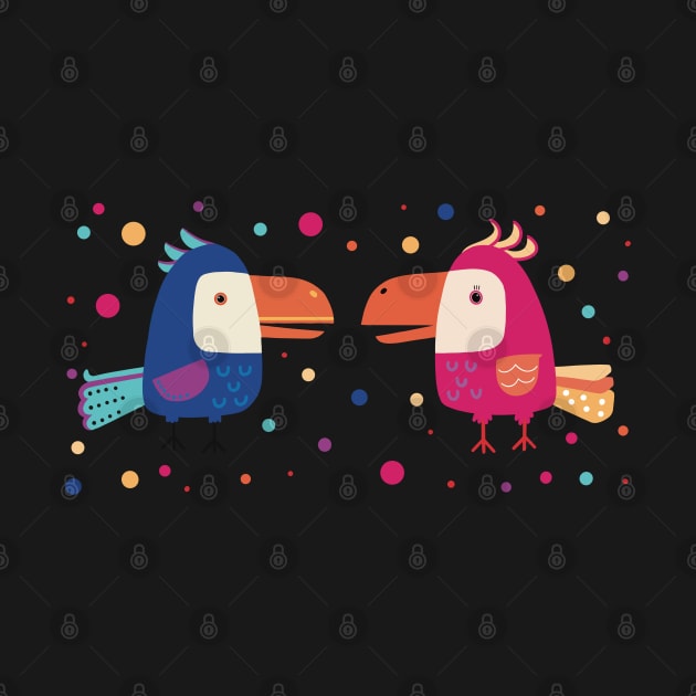 The Two colorful funny parrots meeting for a gossip surrounded with dots in many colors by marina63