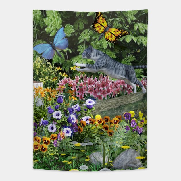 Mog Catching Butterflies Tapestry by Viking Visual - Lori Svensen