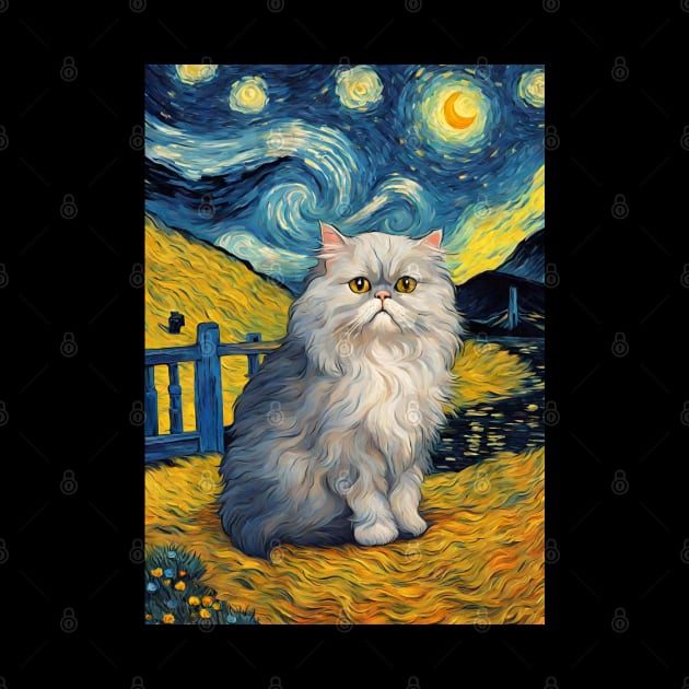 Persian Cat Breed Portrait Painting in a Van Gogh Starry Night Art Style by Art-Jiyuu