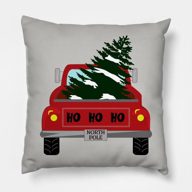 HO HO HO, a North Pole truck hauling a Christmas tree Pillow by Blended Designs