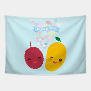 Kawaii lychee and mango with pink cheeks and winking eyes Tapestry