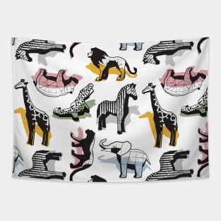 Safari geo animal // pattern // non directional design white background mustard yellow sage green pastel blue blush pink and grey safari animals shadows Tapestry