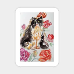 Tuxedo Cat Watercolor Painting and Roses Magnet