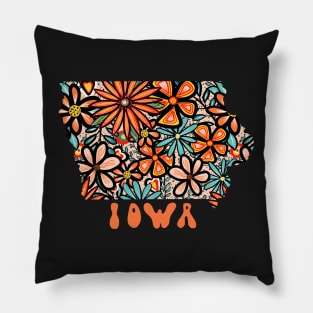 Iowa State Design | Artist Designed Illustration Featuring Iowa State Outline Filled With Retro Flowers with Retro Hand-Lettering Pillow