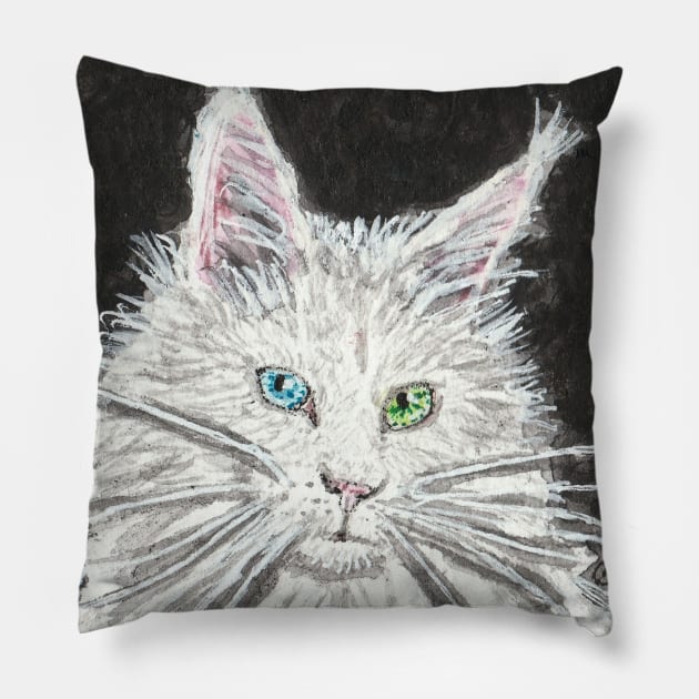 White  cat  blue  and green eye art Pillow by SamsArtworks