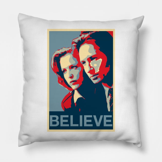 Scully and Mulder BELIEVE Poster Pillow by Mia's Designs