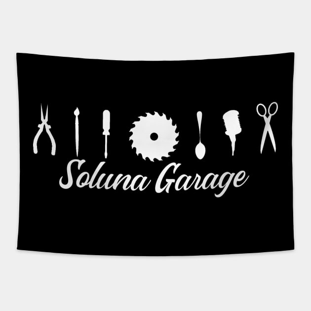 Soluna Garage (white art, banner style logo) Tapestry by solunagarage