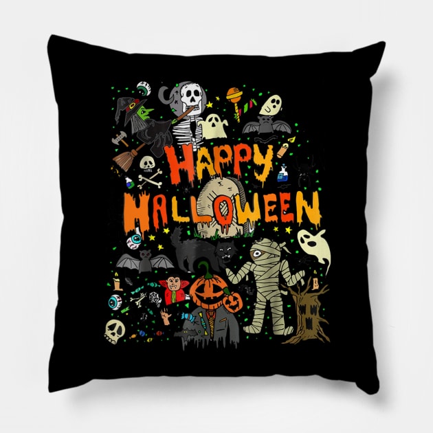 Happy Halloween Scary Retro Pillow by TeeAbe