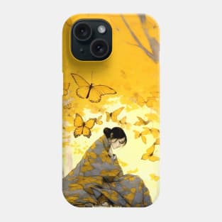 Autumn: Japanese Woman in a Contemplative Moment on a Dark Background Phone Case