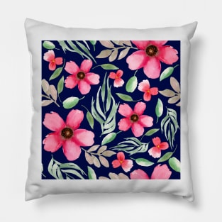 Pink Flowers | Watercolor | Pattern | Blue Pillow