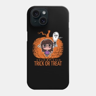 Kawaii Girl and the Unhappy Spirit: Halloween Charm on Pumpkin Background Phone Case