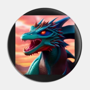 Fierce Blue and Cyan Dragon with Red Eyes Pin