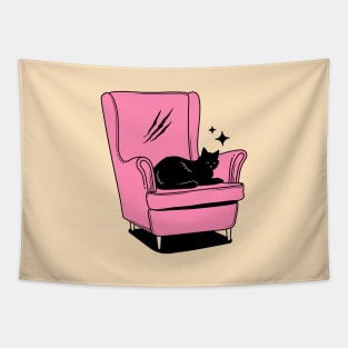 Naughty Black Cat in beige Tapestry