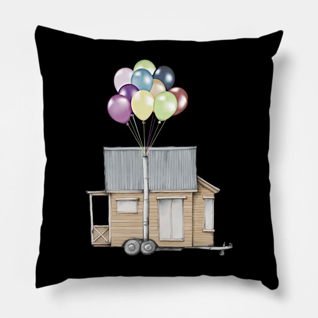 Up! Tiny House On Wheels With Balloons In Chimney, Like Up Movie Pillow by iosta