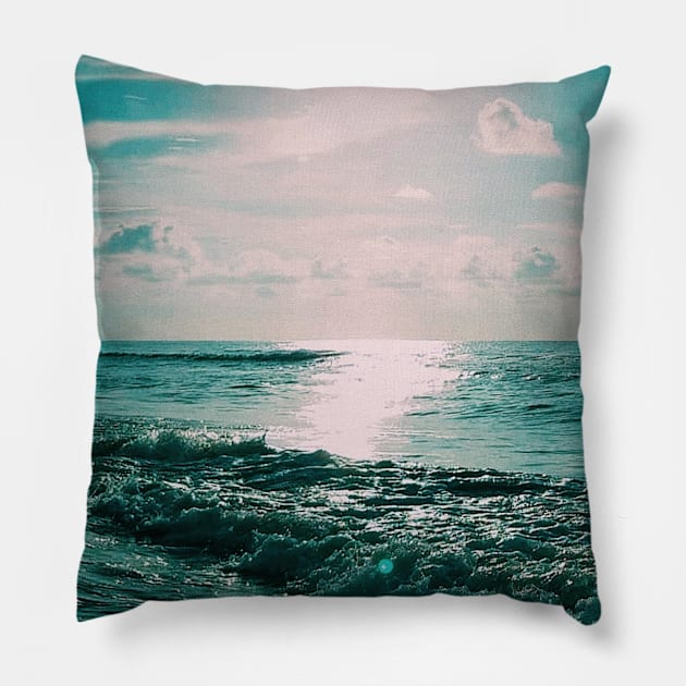 Sun Glitter on Blue Ocean Waves Pillow by Nita Sophian