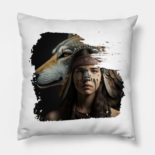 American indian with wolf Pillow