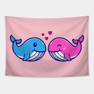 Cute Couple Whale With Love Cartoon Tapestry