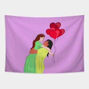 Women Couple Hugging While Holding Heart Shaped Balloons Tapestry