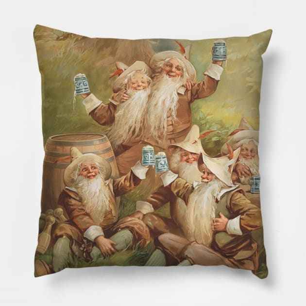 Vintage Smiling Gnomes Beer Advertisement Pillow by xposedbydesign