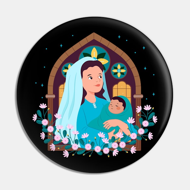 Mary Holding Jesus Cartoon Pin by Mako Design 