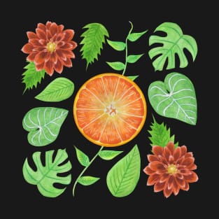 Oranges, Slices, Dahlia, Monstera, Rhapidophora, and Philodendron Gloriosum Leaves T-Shirt