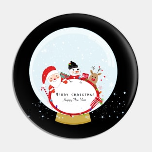 Snow globe. Santa Claus, deer and snow man Pin