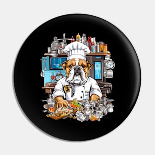 Accountant English Bulldog t-shirt design, a bulldog wearing a chef's hat and holding a kitchen timer Pin