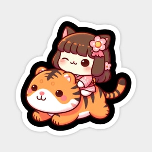 Cute Japanese Cat Riding on A Cute Tiger Magnet