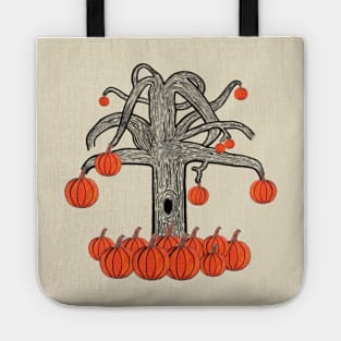 Simple Dark Tree With Pumpkins, Spooky Tree With Pumpkins (Light Brown) Tote