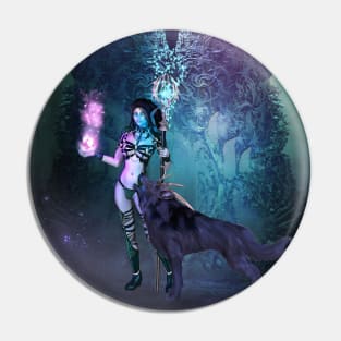 Wonderful fairy with awesome wolf in the night Pin