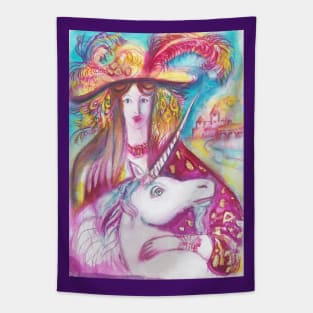 UNICORN  AND LADY WITH PEACOCK FEATHERS Tapestry