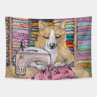 She was a dab paw with quilts, this corgi dog seamstress Tapestry