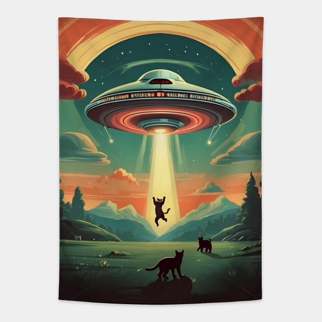 Funny Retro Cat Abducted By UFO Tapestry by VivaLaRetro