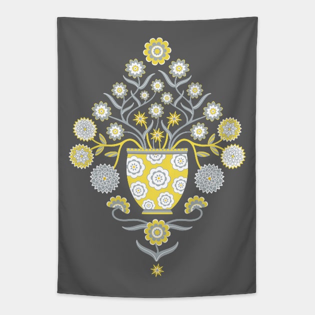 JARDINIERE Vintage Damask Flowers in Floral Vase Yellow Gray White - UnBlink Studio by Jackie Tahara Tapestry by UnBlink Studio by Jackie Tahara