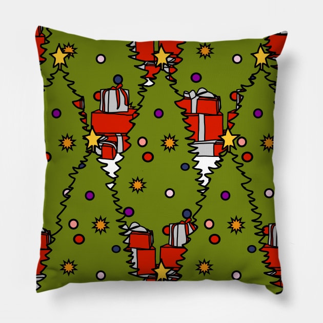 Christmas Tree Forest with Wrapped Gift Boxes Pillow by ellenhenryart