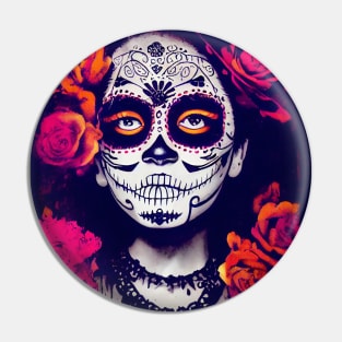 Dia de Los Muertos, Day of the Dead Catrina with pink and orange flowers Pin