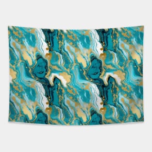 Turquoise and Gold Liquid Marble Texture Tapestry