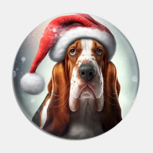 Big Basset Hound in Red Santa Hat for The Holidays Pin