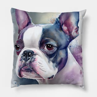 Adorable Boston Terrier Dog Watercolor with Blue and Purple Accents Pillow