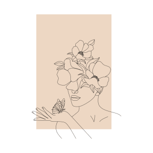 Woman with flowers on her head holding a butterfly line drawing T-Shirt