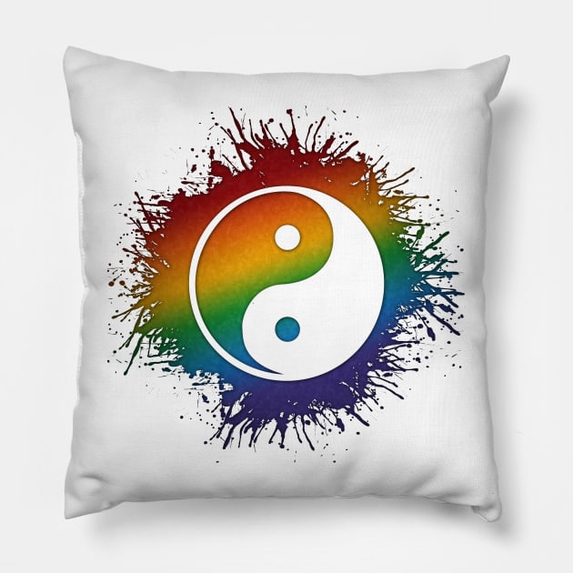 Paint Splatter LGBTQ Pride Rainbow Yin and Yang Symbol Pillow by LiveLoudGraphics