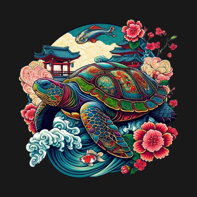 Flower Waves Floral Art Traditional Japanese Turtle by Willie Biz Merch