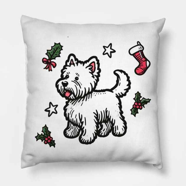 Westie Christmas Design - West Highland Terrier - Cartoon Dog Holiday Drawing Pillow by Star Fragment Designs