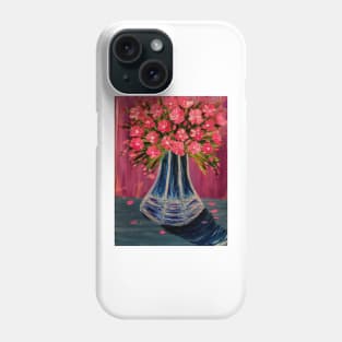 Pink and white abstract flowers in a blue glass vintage vase Phone Case