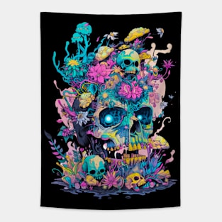 Neon occult Halloween, day of the dead, skull design. Tapestry